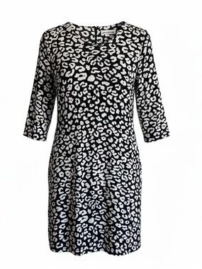 JAEGER 100% Silk Leopard Print Shift Dress Black White 3/4 Sleeve US 6/UK 10